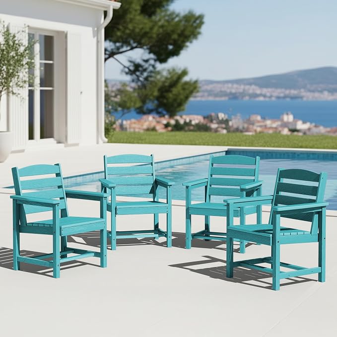 KINGYES All Weather Outdoor Dining Chairs Set of 4, HDPE Oversized Patio Chairs, Aruba Blue