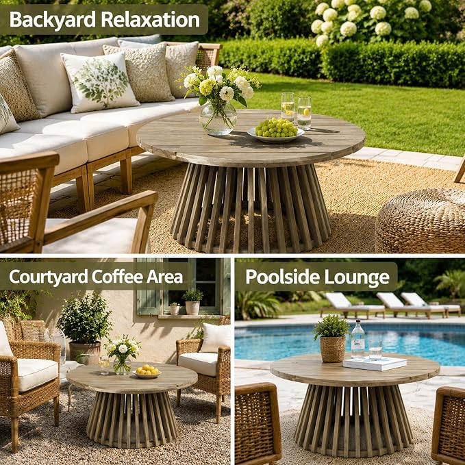Round Outdoor Coffee Table for Patio, 31.5 Inch Acacia Wood Side Table with Slatted Pedestal Base, Farmhouse Outside Coffee Table for Garden, Balcony, Poolside, Porch, Weather-Resistant, Grey