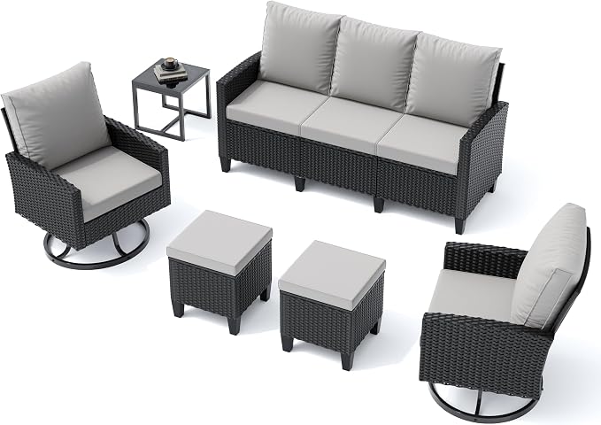 UDPATIO Patio Furniture Set, 6 Pieces Outdoor Conversation Sets with Swivel Chairs, All-Weather Wicker Rattan Patio Sofa with Ottomans and Glass Side Table for Backyard, Deck, Porch, Grey/Black