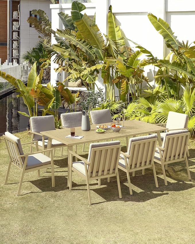9 Pieces Outdoor Dining Set, Never-Rust Aluminum Patio Furniture Set with Umbrella Hole, All-Weather Outdoor Patio Dining Set for 8, Patio Table and Chair Set for Garden, Lawn, Maple Wood