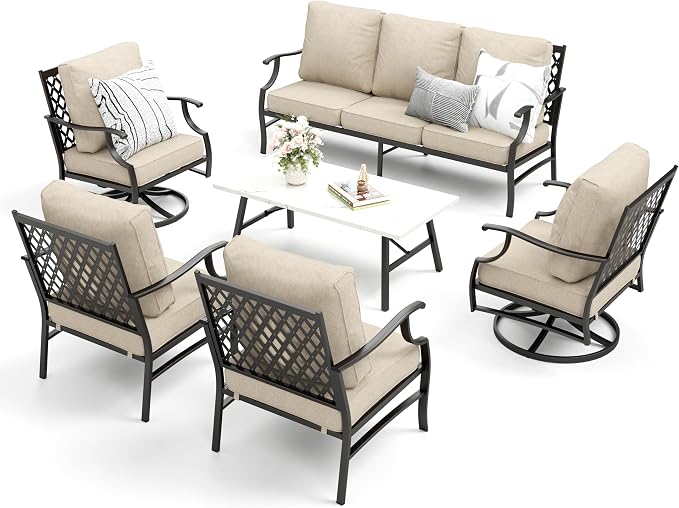 MIXPATIO Patio Furniture Set 6 pcs, Outdoor Patio Furniture, 1 X 3-Seat Sofa, 2 X Single Chairs, 2 X Swivel Chairs, 1 X Coffee Table and 5.75" Extra Thick Cushion, Patio Conversation Set,Beige