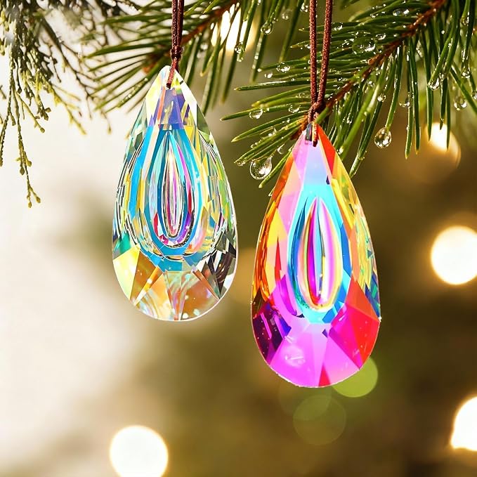 2pcs 89mm Hanging Crystal Prisms Suncatchers, Sun Catcher Indoor Window | Rainbow Maker Crystals for Home Garden Decor,Glass Ornaments For Christmas Tree,Colorful,Large Beads For Suncatcher