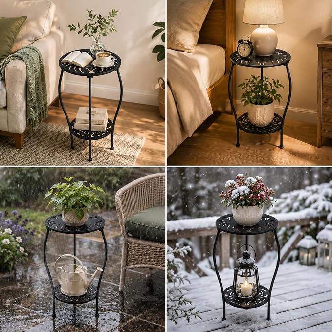 Party Zealot Two-Tiered 13 Inch Metal Round Side Tables Small Black Outside End Table for Patio Round Accent Garden Corner Stand for Small Spaces Weather-Resistant Outdoor Coffee Table for Balcony