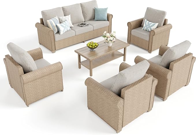 SUNSHINE VALLEY Patio Furniture Set 6 pcs, Wicker Rattan Sofa with 5.5" Thick Waterproof Cushions, 4 Chairs and Coffee Table, All Weather Outdoor Conversation Set for Backyard Deck, 7 Seats Beige