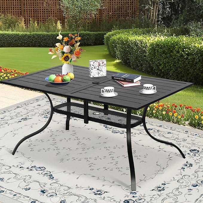 Patio Dining Table, 60" x 37"Outdoor Rectangular Metal Table,1.57" Umbrella Hole, for Backyards, Porches, Gardens or Poolside, Black