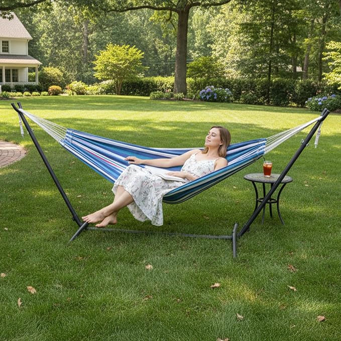 Portable Outdoor Polyester Hammocks Set,Professional Hammock Stand,Outdoor Patio Hammocks,Indoor Swing Hammock Chair Set,with Carry Bag,for Outside Patio Porch Beach Backyard (Blue & Purple)