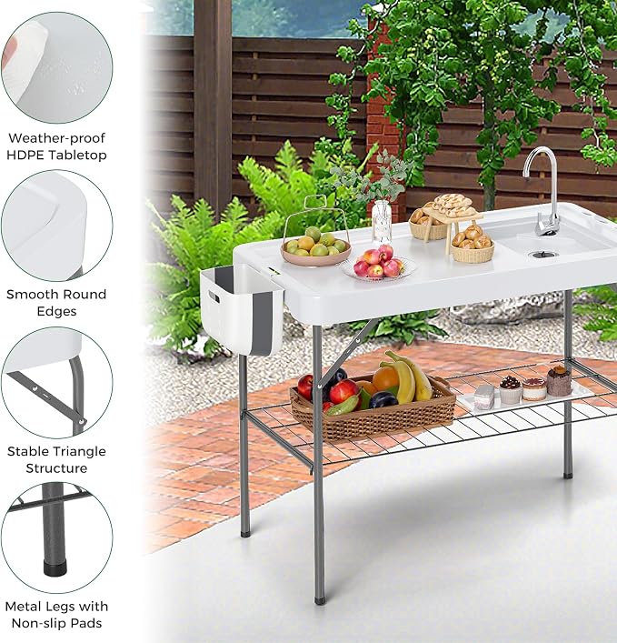 Folding Fish Cleaning Table, Fishing Fillet Station w/360° Rotatable Faucet & Sink & Spray Nozzle & Drain Pipe, Outdoor Sink Table, Portable Fish Filleting Table for Camping, Picnic
