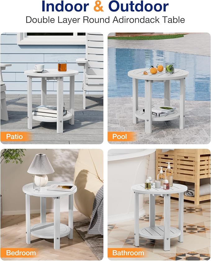 YEFU Outdoor Side Table for Patio: 16in HIPS Small Round Outdoor End Table - 2-Tier Adirondack Tables for Porch Patio Yard Poolside Living Room Beach Bedroom (White, 2 Pack)