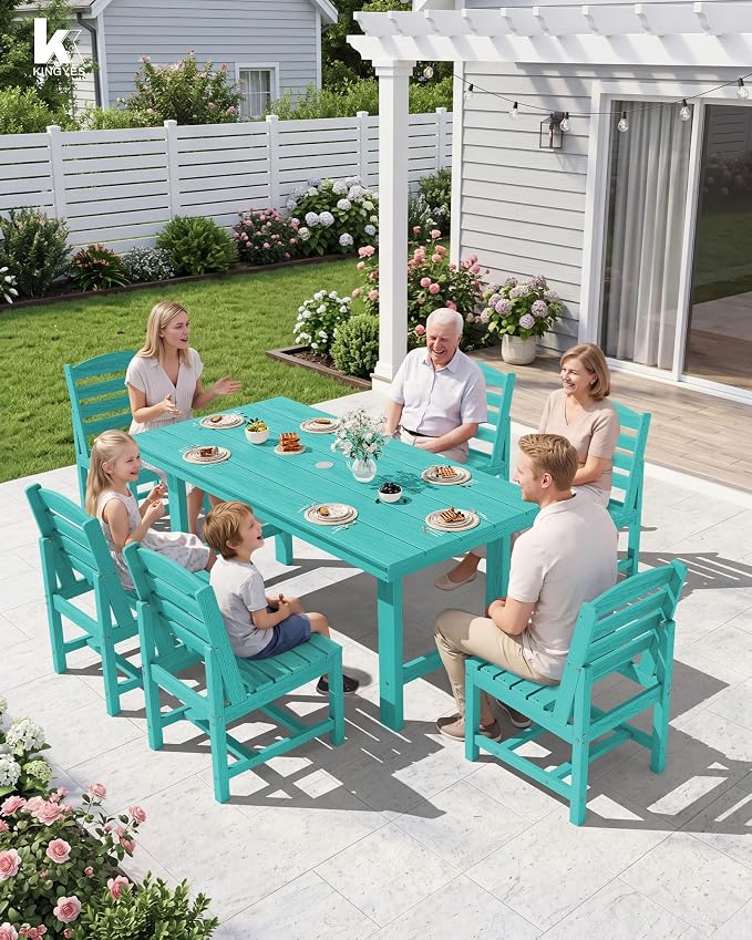 KINGYES 6-Piece Patio Dining Set, HDPE Table, Bench and Armless Chairs Outdoor Furniture Set with Umbrella Hole, Aruba