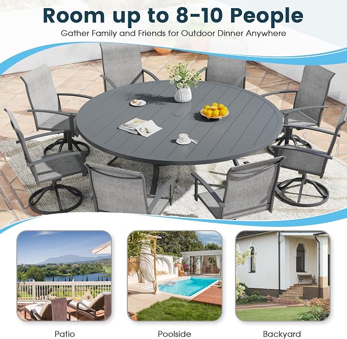 Patio Dining Table for 8-10, Round Metal Outdoor Table with 1.57" Umbrella Hole, 63" Outdoor Slat Tabletop Dining Table for Backyard, Porch, Lawn, Dark Grey