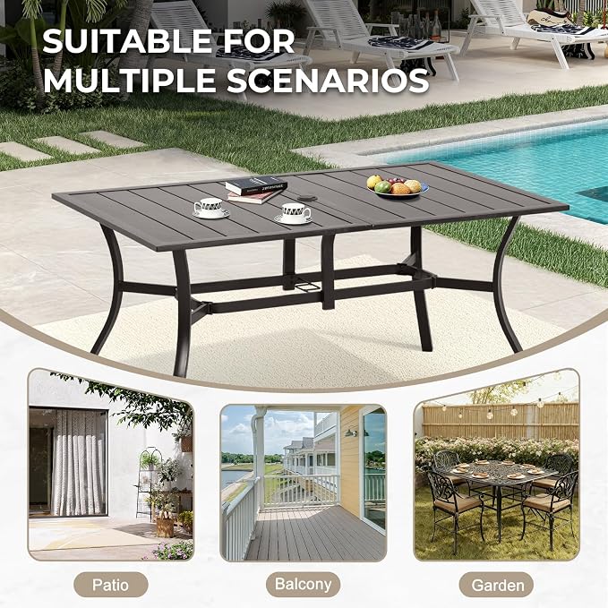 COWVIE Patio Dining Table for 6 People, 59" Metal Outdoor Table with Adjustable Umbrella Hole for Garden, Poolside, Backyard