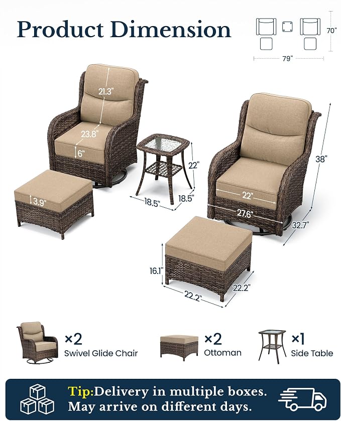 HILLGA Luxury Outdoor Patio Furniture Set with 6-Inch Thick Cushions, High Back Wicker Swivel Rocker Chairs, 5 Pcs All Weather Chairs Set for Small Porch, Deck and Sunroom, Beige (V3)