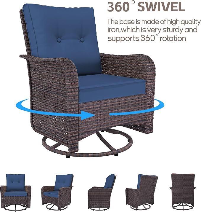 Patio Furniture Set 10 Pieces Wide PE Rattan Sofa Set Outdoor Sectional Furniture,Patio Swivel Chair Sofa Set Patio Conversation Set w/Cushions and Glass Coffee Table,NavyBlue