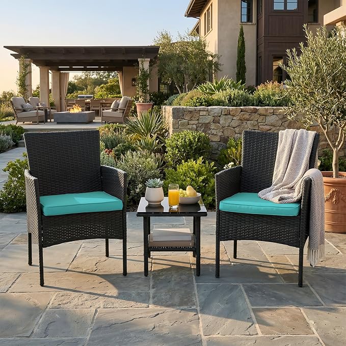 NChanmar 3 Pieces Patio Furniture Outdoor Bistro Set Outdoor&Indoor Conversation Set Coffee Table Chairs Set for 2 with Water-Resistant Cushions for Lawn Yard Garden Porch Balcony and Pool,Blue