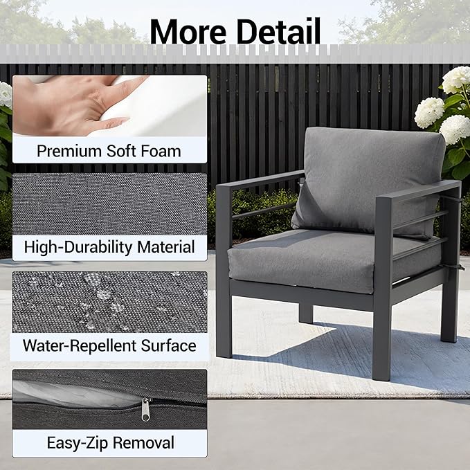 4-Piece All-Weather Metal Patio Furniture Set, Sectional Conversation Sofa w/Coffee Table, Heavy Duty Steel Frame & Washable Cushions for Backyard Garden (Grey, Armchair)