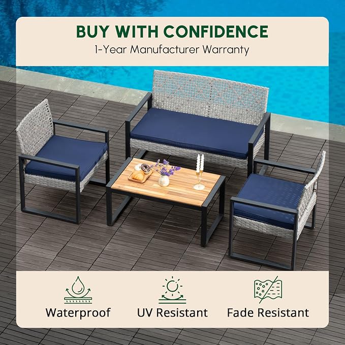 BEEFURNI Wicker Patio Furniture Outdoor Conversation Set of 4, Rattan Outdoor Furniture Set, Acacia Wood Table, 2 Chairs, 1 Loveseat, 2โ Cushions, All Weather Set for Patio, Porch, Balcony (Gray)