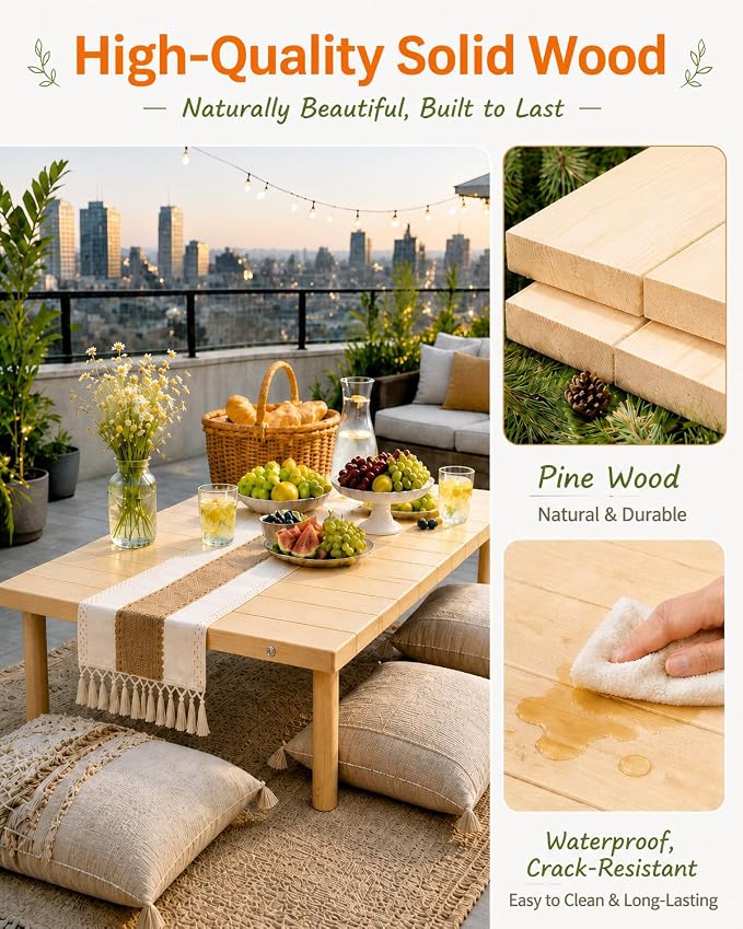 Folding Picnic Table, 60 x 30 in Solid Wood Boho Low Picnic Table with Table Runner, Portable Foldable Floor Table with Adjustable Height for Beach, Camping, Backyard, Wedding & Outdoor Parties