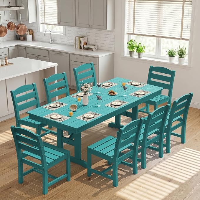 KINGYES Outdoor Dining Table,84 inch HDPE Rectangular Patio Table with Umbrella Hole,Waterproof Patio Furniture for Backyard,Aruba