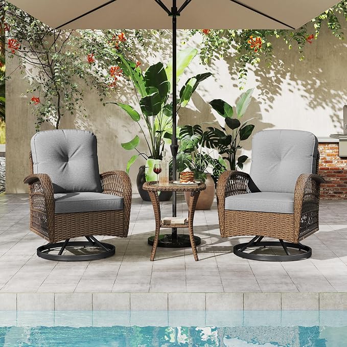 ORALNER 3 Pieces Wicker 360° Swivel Rocker Set Patio Furniture, Rocking Chairs with Cushions, Tempered Glass Coffee Table, Outdoor Rattan Bistro Set for Balcony Front Porch Deck Poolside (Gray)