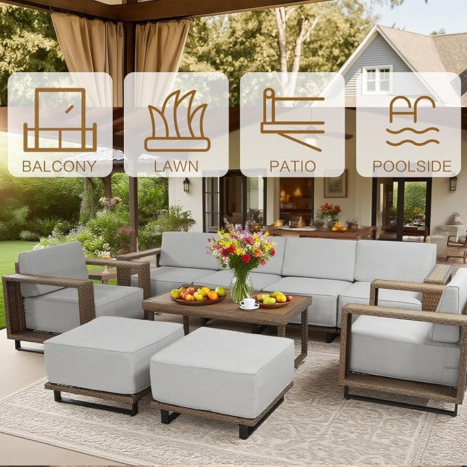 10 Pieces Outdoor Patio Furniture Set, PE Rattan Weaving Sofa with 10 inch Thick Cushions, Dining Table and Coffee Table with Steel Frame and Wooden Board, Brown/Light Gray Linen