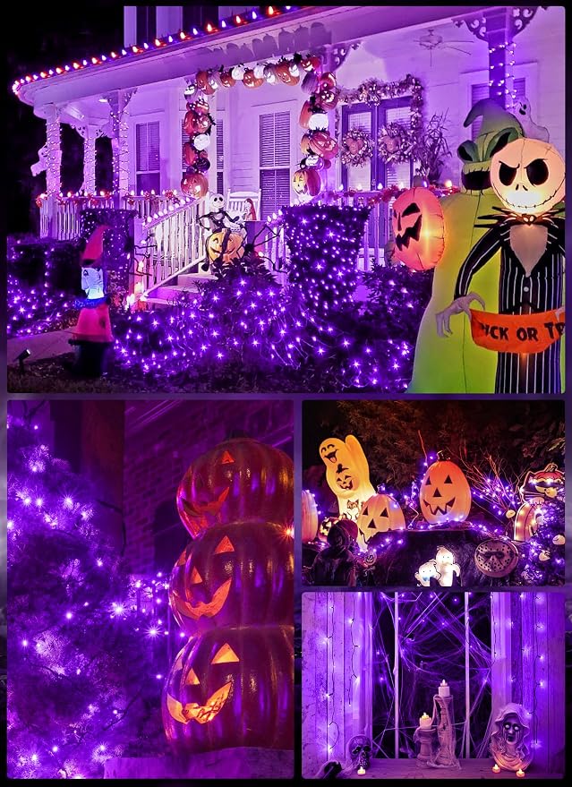 Minetom Solar Halloween Lights Outdoor, 40FT 100 LED Halloween String Light | Halloween Decoration Outdoor with 8 Modes, Black Wire, Waterproof Solar String Lights for Outside Tree Yard Party, Purple