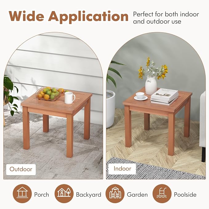 Tangkula 2 Pieces Adirondack Outdoor Side Table, 18" Small Square Patio End Table with Slatted Tabletop, Natural Eucalyptus Wood Side Table for Backyard, Garden, Porch & Poolside
