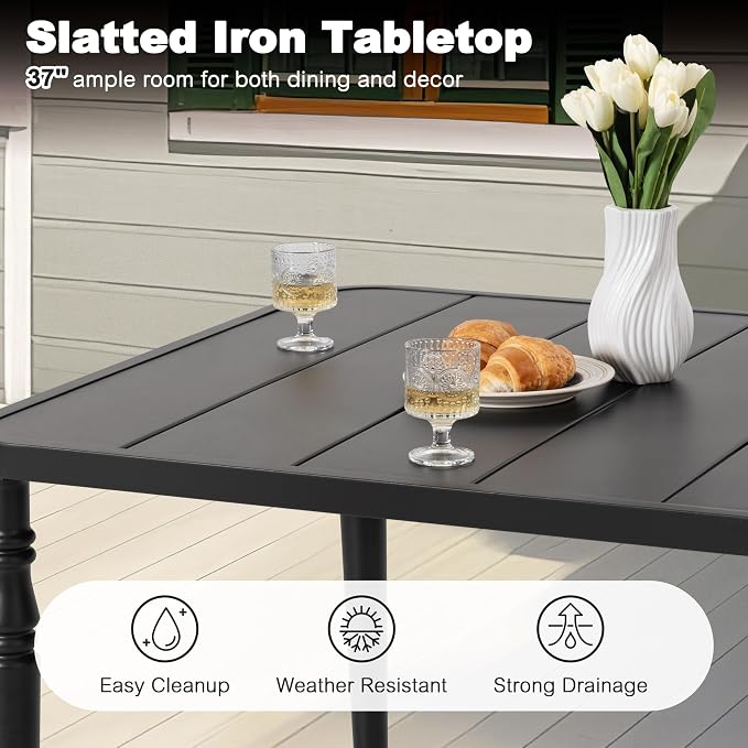 NUU GARDEN 5-Piece Outdoor Patio Metal Dining Set - 4 Stackable Chairs & 37" Square Table with Umbrella Hole, Weather-Resistant Low-Maintenance Furniture for Yard Porch Poolside Garden, Black
