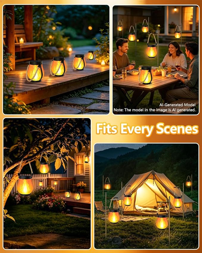4 Pack Solar Lanterns Outdoor Waterproof, Solar Flame Lanterns with 2 Modes | Ultra-Real Flame, USB/Solar Charging, IP65 Waterproof, Hanging/Table Solar Lights Outdoor for Tree Garden Porch Yard Patio