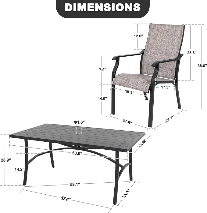 NUU GARDEN 7-Piece Patio Dining Set, Rust-Resistant Outdoor Dining Set, Include 6 Textilene Aluminum Chairs and Rectangular Dining Table with 1.6" Umbrella Hole and Aluminum Tabletop, Grayish Brown