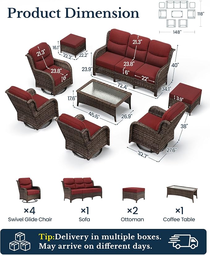 HILLGA Luxury High Back Patio Furniture Set with 6-Inch Thick Cushion, 8-Piece Outdoor Conversation Set with Sofa, Swivel Rocker Chairs & Ottomans, Ideal for Porch Pool Deck Yard (Burgundy)