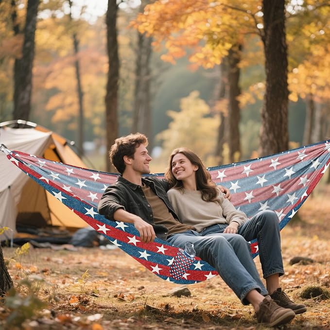Patriotic Stars Camping Hammock, Portable Lightweight Single Hammock with Tree Straps and Aluminum Carabiners, 114" x 54" Travel Hammock for Hiking Backpacking Beach