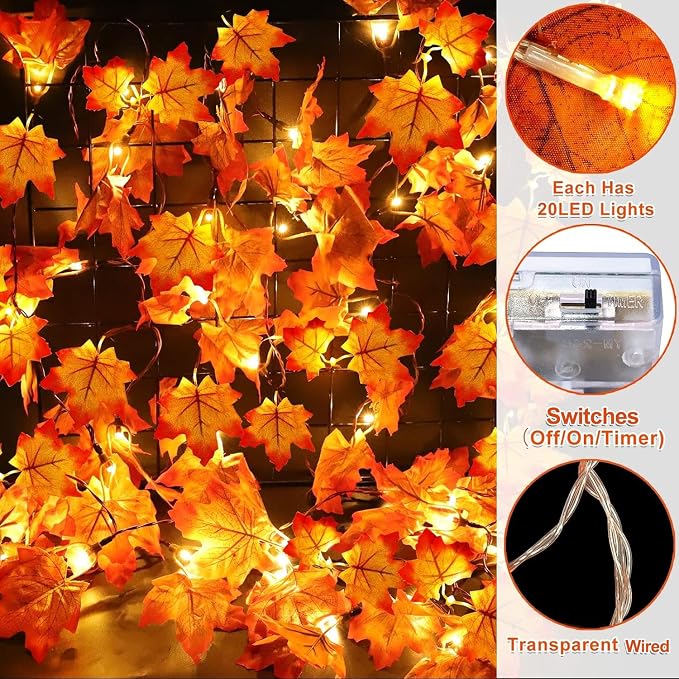 Timer&3 Pack Fall Decor 30Ft Fall Garland with Lights 60LED Autumn Garland | Patented Realistic Maple Leaves Garland Fall Decorations for Home, Battery Operated Waterproof Thanksgiving Halloween Decor