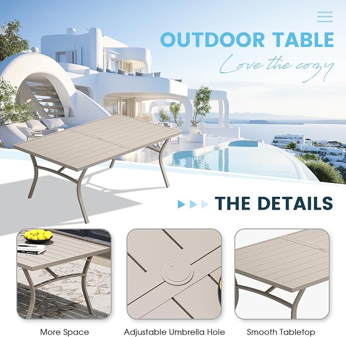9 Pieces Patio Dining Set, 71" Rectangular Dining Table with Umbrella Hole, 8 Stackable Textilene Fabric Chairs, Metal Structure for Patio, Porch, Garden(Sand Table, Sand Chair)
