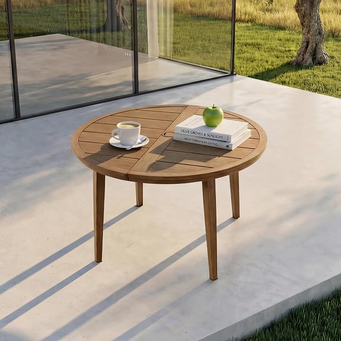 41" All-Aluminum Round Outdoor Dining Table, Modern Faux Wood Grain Patio Table with Umbrella Hole, Rust-Resistant Metal Dining Table for Garden, Backyard, Poolside & Lawn, Teak