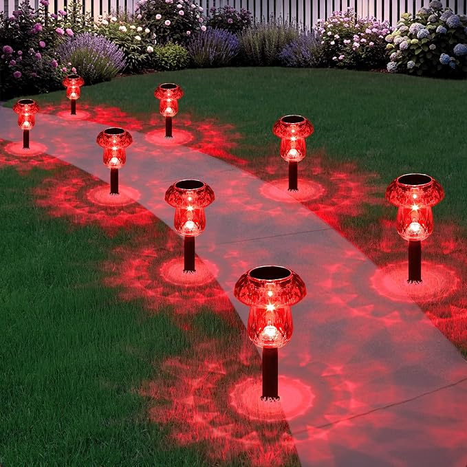 Solar Halloween Lights Outdoor 8 Pack Red Garden Mushroom Decor | LED Waterproof Halloween Decorations Outdoor for Pathway Yard Outside Driveway Walkway Landscape Path Lighting, Auto On/Off
