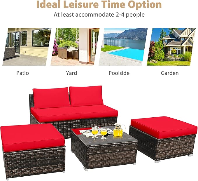 DORTALA Wicker Patio Furniture Set 5 Piece, Outdoor Conversation Sets with Chairs, Ottomans, Tempered Glass Table, Cushions, All Weather Rattan Sofa Couch for Balcony, Porch, Backyard, Deck, Red