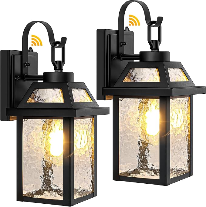 Dusk to Dawn Outdoor Wall Lights, Exterior Lighting Fixtures Wall Mount, Porch Lights Outdoor Wall Sconces with Water Ripple Glass, Outside Lights for House Front Door Garage, 2-Pack | Auto ON/OFF, Waterproof, Rust-Resistant, Durable Metal & Sturdy Gla...