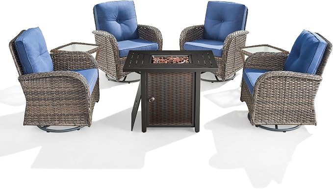 7 Piece Patio Furniture Set with Fire Pit Table - Wicker Patio Conversation Set with 4 Swivel Glider Chairs and 2 Tempered Glass Side Tables for Deck Backyard - Brown Wicker Blue Cushion