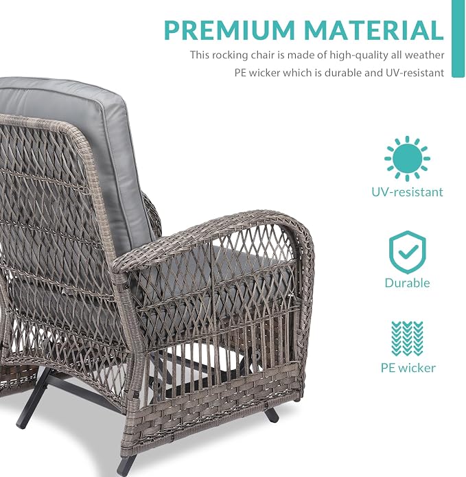 MEETWARM 4 Pieces Outdoor Wicker Patio Conversation Sets with Glider Loveseat, 2 Chairs with Glass-Top Coffee Table Wicker Rocking Glider Set, Wicker Conversation Set w/Thickened Cushions, Gray