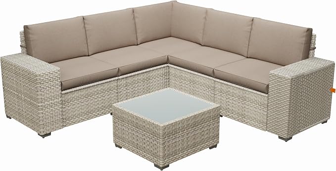 6 Piece Patio Furniture Set, 8" Wide Arm Sectional Sofa Set with Coffee Table, High-Back All-Weather Rattan Outdoor Conversation Set for Garden, Porch, Lawn, Khaki