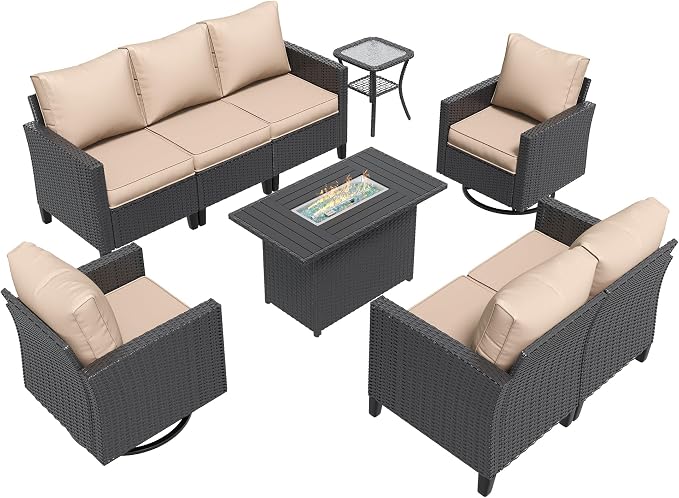 Amopatio Patio Furniture Set with Fire Pit Table, Wicker Outdoor Sectional Sofa with Swivel Rocker Chairs, All-Weather Rattan Conversation Set, Waterproof Cover for Backyard, Deck Black/Khak 6 PCS
