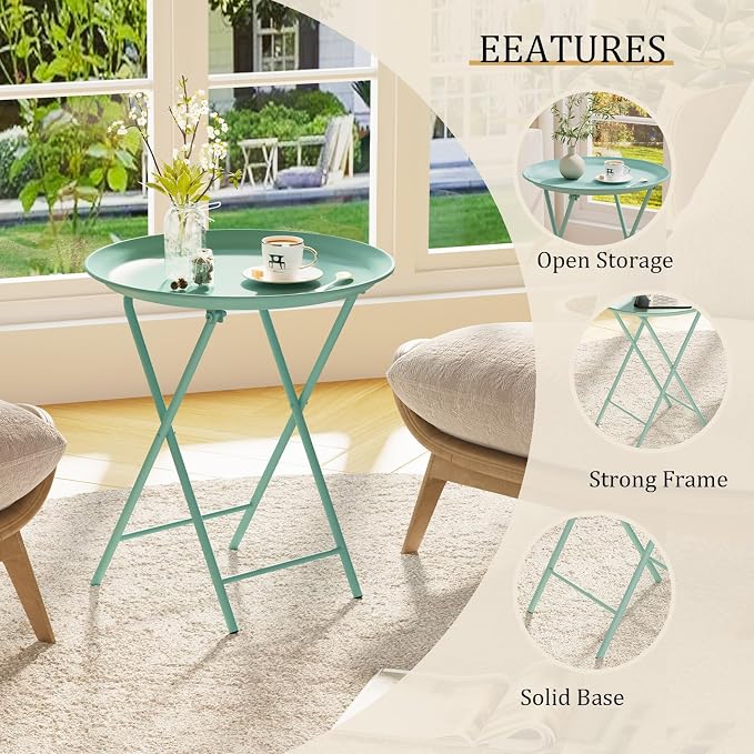 Garden 4 you Folding TV Tray Table, Metal Round Side Table, Green Dinner Table with Metal Frame, Modern Outdoor Tray Table for Living Room, Bedroom, Patio & Small Spaces, 2 Packs