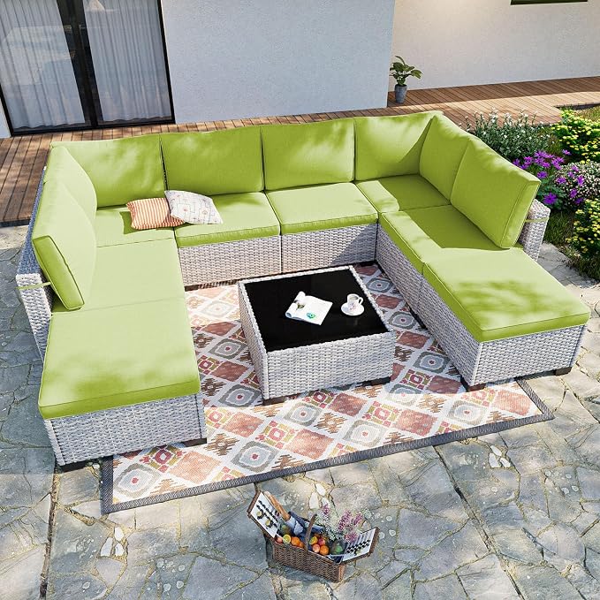 9-Piece Patio Furniture Set, Outdoor with Ottomans, Modular Patio Sofa, Dual-Strand Wicker Rattan, Rust-Resistant Frame, Backyard Furniture for Garden, Deck, Grass Green
