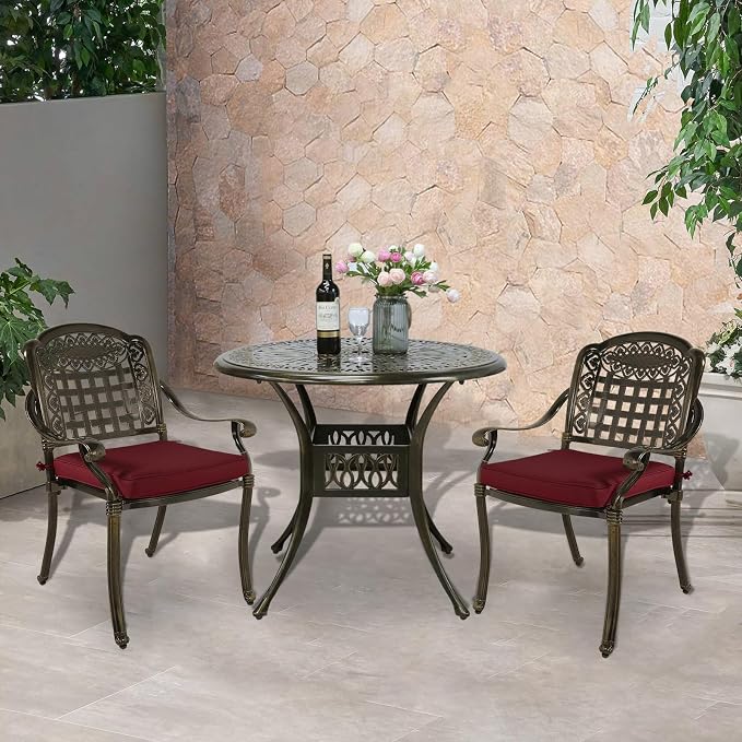 VIVIJASON 3-Piece Outdoor Patio Bistro Set, All-Weather Cast Aluminum Furniture Dining Sets Include 2 Cushioned Chairs and 35.4" Round Table w/Umbrella Hole for Balcony, Garden, Backyard, Red Cushion
