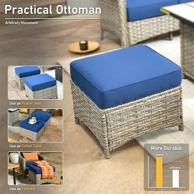 HOOOWOOO 9 Piece Patio Furniture Conversation Sets with Swivel Rocking Chairs,Outdoor Wicker Furniture with Ottoman,All Weather Resistant High Back Rattan Conversational Set(Navy Blue)
