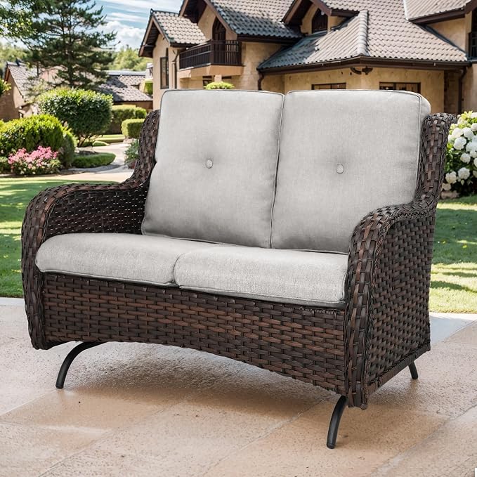 Patio Loveseat Glider Set, Resin Wicker Loveseat Glider with 2 Swivel Patio Chiars and Coffee Table, 4 Piece Patio Bistro Set Furniture Loveseat Set, Brown Wicker|Beige Cushions