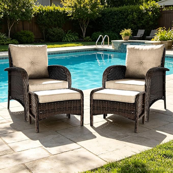 SHGJ&SOFT All Weather Patio Furniture Set, High Back Swivel Rocker Glider Chairs,Ottomans & Glass Tables, Outdoor Conversation Set for Deck Porch Yard Poolside (Brown, 4PCS-Chairs&Ottomans)