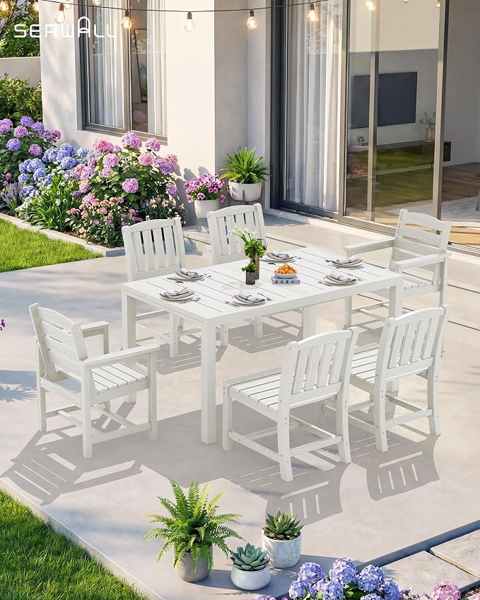 SERWALL Outdoor Expandable Dining Table 60" - 83", White | Patio Dining Table for 4-8 People, All Weather HDPE and Aluminum Outdoor Furniture
