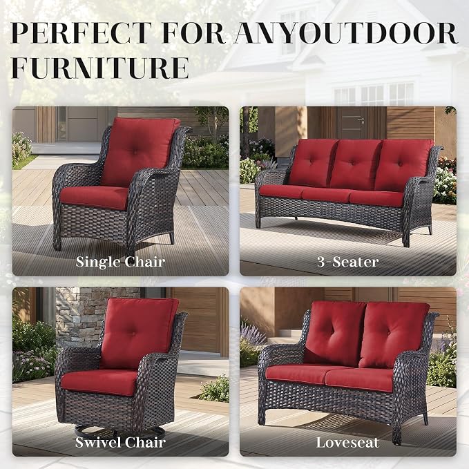Rilyson Wicker Rocking Chair Swivel Chairs – 6 Piece Rocker Patio Furniture Set Rattan Rocking Bistro Sets with Glass Top Side Table for Outdoor Porch Deck Garden Backyard(Brown/Red)