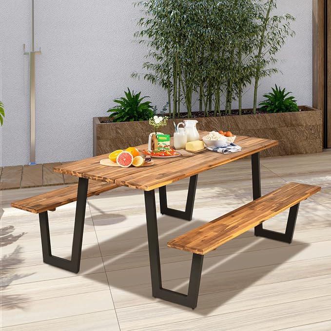 Tangkula Patented Wooden Picnic Table, Outdoor Acacia Wood Picnic Table with 2 Built-in Benches, Umbrella Hole, Steel Frame, Outside Table and Bench Set for Garden, Backyard, Porch, Patio